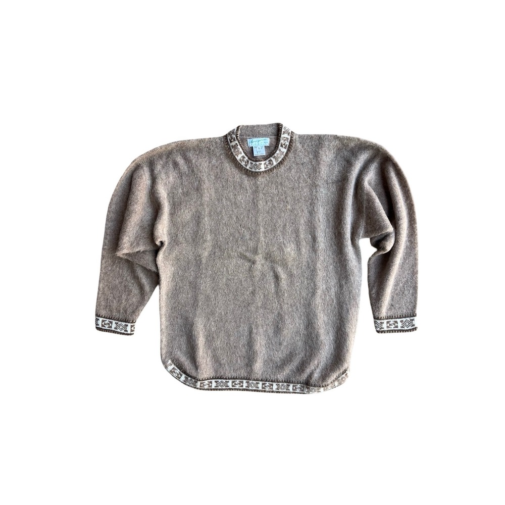 Amazonias Hand Knitted 100% Alpaca Wool Sweater Tan Fair Isle Peru Adult L Cabin